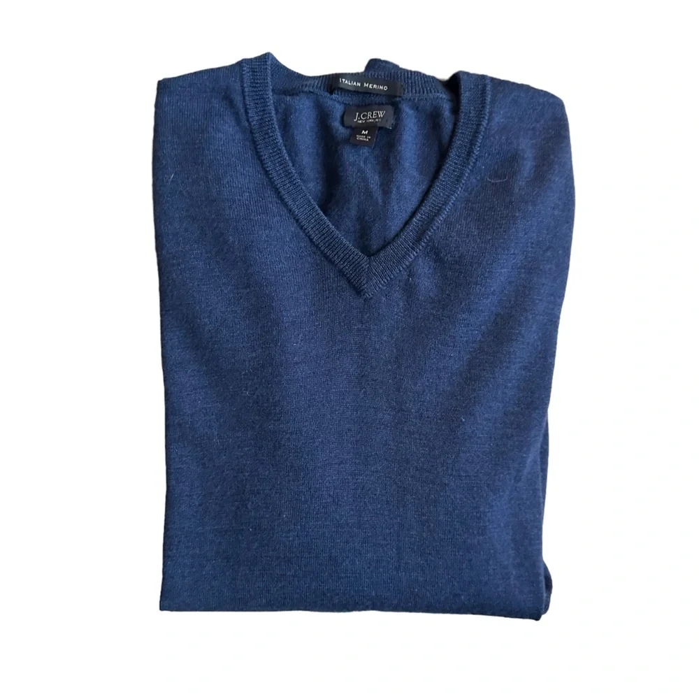 J Crew Mens Navy Blue Wool V-Neck Pull Over Sweater‎ Size M
